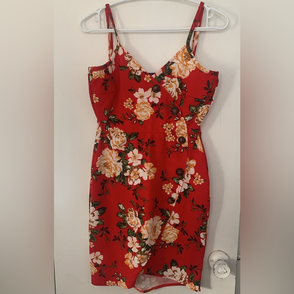 Red floral fitted dress